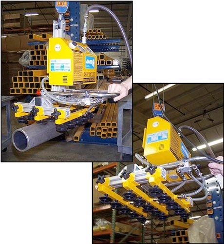ANVER Custom Air Powered Vacuum Lifter with 15 Bellows Vacuum Cups for Handling up to three pipes with diameters varying from 3 in. to 4.5 in. (76 mm to 114 mm) weighing up to 150 lb (66 kg)